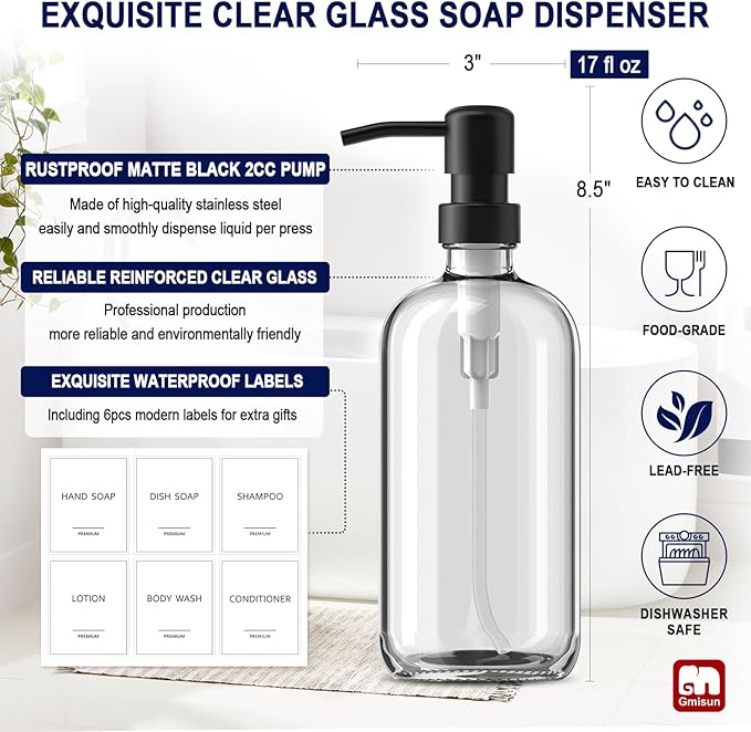 GMISUN Glass Soap Dispenser with Pump, 2 Pack Clear Bathroom Hand Soap Dispenser with Stainless Steel Pump, 16 Oz Refillable Kitchen Hand and Dish Soap Dispensers Set, Modern Liquid Pump Bottles - Image 3