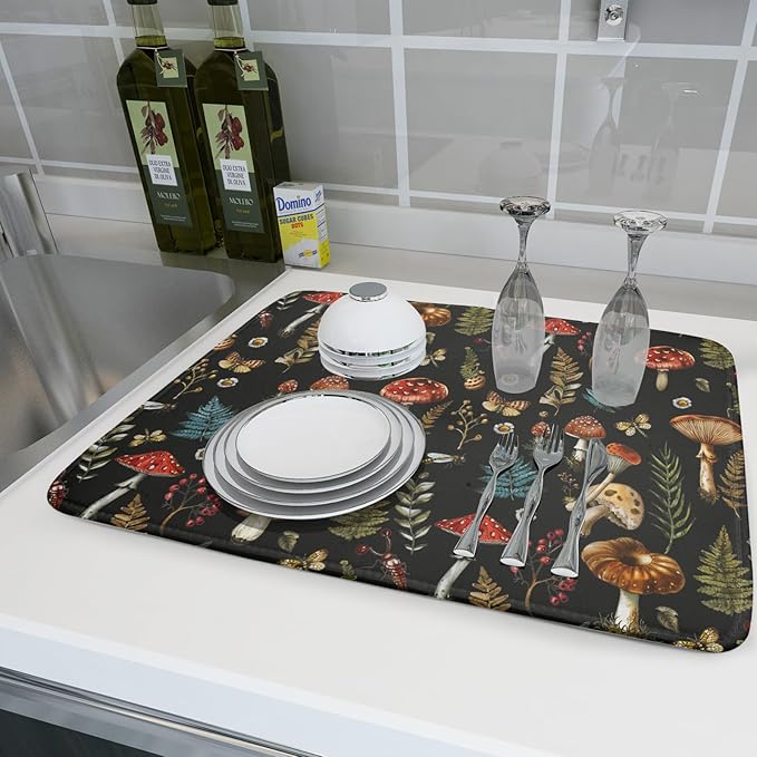 Natural Botanical Dish Drying Mat Mushroom Fern Leaves Berry Drainer Mat Black Drying Pad for Countertop 18 X 24 Inch - Image 6