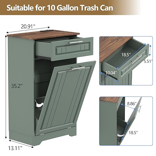 Single 10 Gallon Tilt Out Trash Can Cabinet with Deodorizing Function, Wooden Hidden Garbage Can Holder with Storage Drawers for Kitchen and Dining Room, Laundry Hamper Cabinet for Bathroom, Green