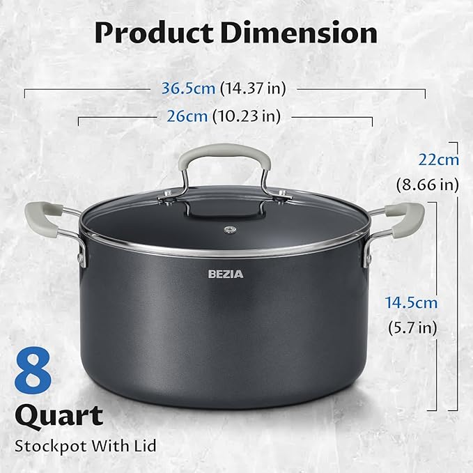 8 Quart Nonstick Stock Pot with Lid - BEZIA Ceramic Large Soup Pot for Family Cooking, Induction Ready, Stay-Cool Silicone Handles, Easy Cleanup, Perfect for Stews, Pasta & Batch Cooking - Image 7