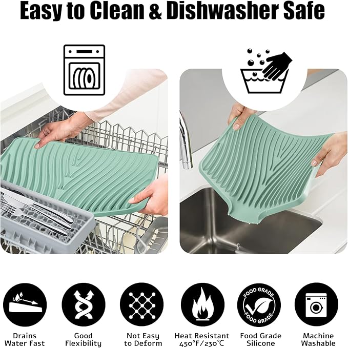 TIKNIK Silicone Dish Drying Mat, Stone Drying Mat for Kitchen Counter with Built-In Drain, Non-Slip Drain Pad with Built-in Drain, Heat Resistant Stone Drying Mat, Hangable, Mint-1pcs, 20" x 15" - Image 4