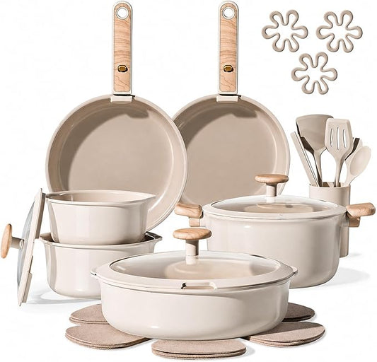 CAROTE 25 Pcs Ceramic Cookware Sets, Pots and Pans Set Non Stick, Detachable Handle, Induction & Oven Safe, Stackable Space - 70% Saving, Cookware Non Stick Cooking Set, Taupe (PFOS, PFOA Free)
