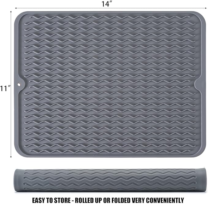 Large 14" x 11" Silicone Dish Drying Mat for Kitchen Counter, Easy clean, Quick Dry, Heat-resistant Dish Drainer Mat for Sink,Refrigerator or Drawer liner (Food Grade Silicone-Grey) - Image 2