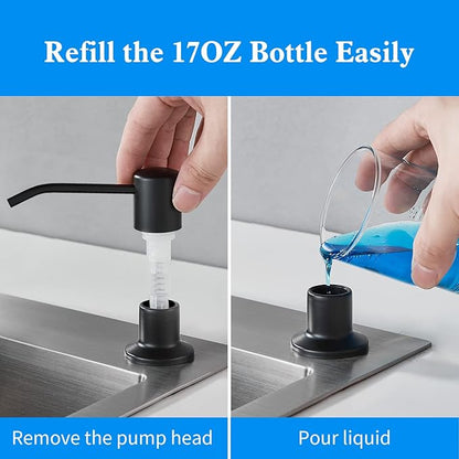 Built in Soap Dispenser for Kitchen Sink, Matte Black Stainless Steel Countertop Pump Head, Dish Soap Hand Lotion Dispenser with Refillable 17OZ Bottle