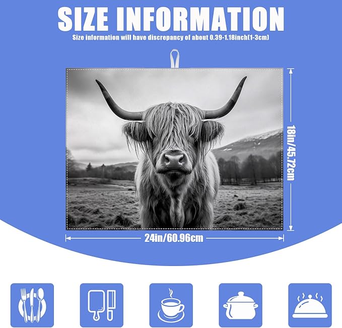 Highland Cow Dish Drying Mat for Kitchen Counter Drying Pad Absorbent Reversible Dish Drainer Rack Mats Draining Pad 18"x24"Inch - Image 2