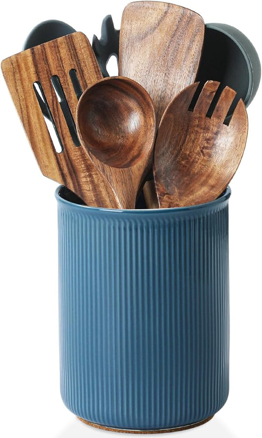 LoeJan Utensil Holder, Extra Large Utensil Crock, Stable Ceramic Utensil Organizer, Cooking Tool Organizer Set for Kitchen Counter Farmhouse Décor, Blue by LoeJan