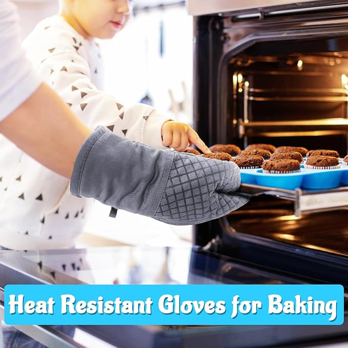 4 Pcs Oven Mitts and Pot Holders,High Heat Resistant 500 Degree Glove with Silicone Non-Slip Surface,Extra Thicken Long Kitchen Cotton Oven Glove for Baking,Cooking,Grilling(Light Gray) - Image 4