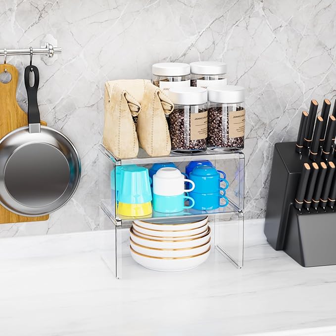 Yieach 4 Pack Acrylic Cabinet Organizer,2 Tier Stackable Shelves for Cabinets,RV Pantry Organization,Counter Space Saver Desk Organizers,Cupboard Shelf and Cabinet Stand & Risers for Mug,Cup,Dish - Image 6
