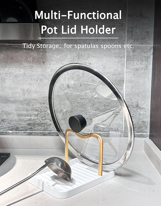 Anti-Rust Metal Spoon Rest with Lid Holder, Heat-Resistant Pot Lid Rest, Multifunctional Spatula Holder While Cooking for Stovetop and Kitchen Counter – Gold White - Image 4