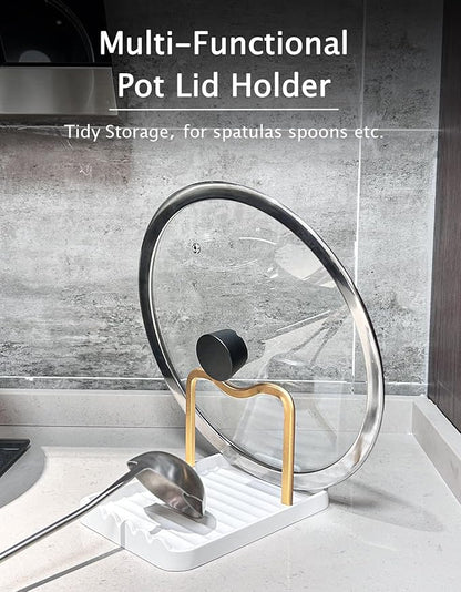 Anti-Rust Metal Spoon Rest with Lid Holder, Heat-Resistant Pot Lid Rest, Multifunctional Spatula Holder While Cooking for Stovetop and Kitchen Counter – Gold White - Image 4