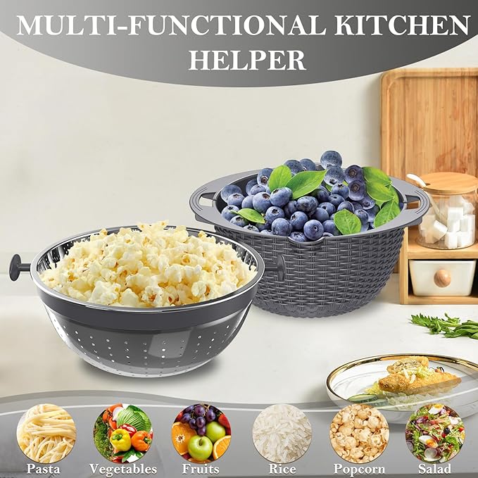 4-in-1 Colander with Bowl Set – Food Strainers and Colanders - Stainless Steel Rotatable Strainer for Fruits & Veggies – Pasta Strainer - Kitchen Essentials - Grey - Image 6
