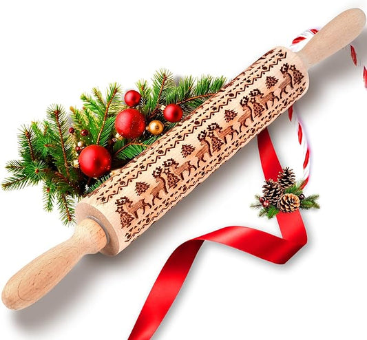 Stocking Stuffers Gifts for Women, Wooden Embossed Rolling Pin for Baking, Deep Engraved Embossing Rolling Pins with Christmas Elk Deer Pattern Designs for Baking Cookies Stamps Roller, DIY Tools by TIETOC