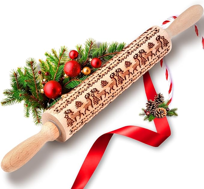 Stocking Stuffers Gifts for Women, Wooden Embossed Rolling Pin for Baking, Deep Engraved Embossing Rolling Pins with Christmas Elk Deer Pattern Designs for Baking Cookies Stamps Roller, DIY Tools - Image 9