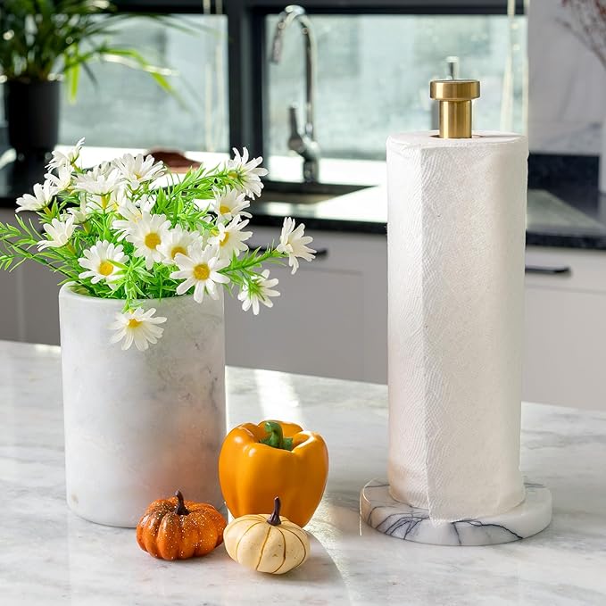 Koville Paper Towel Holder Countertop, Standing Paper Roll Holder with 6" Weighted Marble Base, Stone Paper Towel Holder with Gold Stainless Steel Rod for Kitchen Bathroom (Milas Lilac)