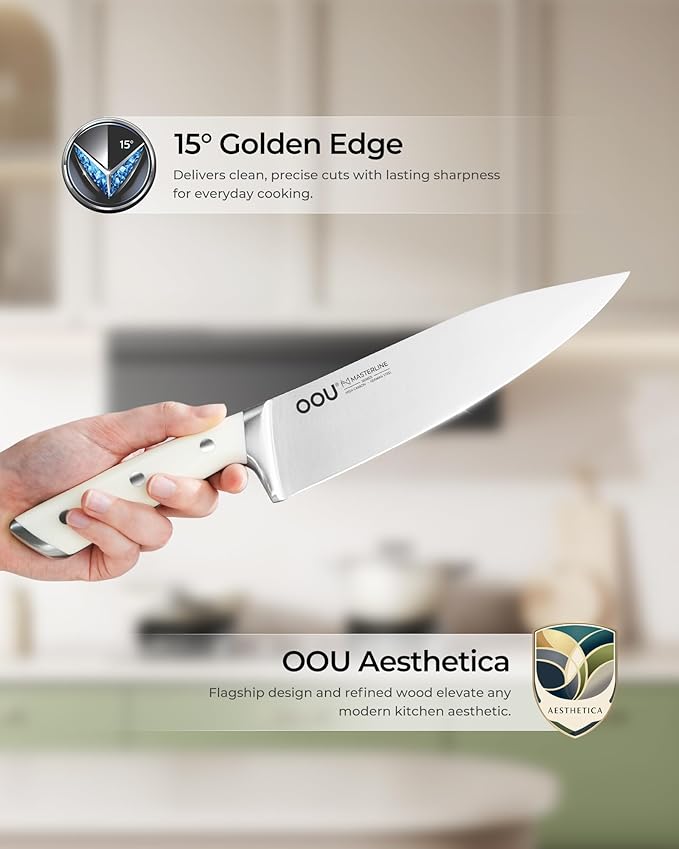OOU 2026 Master Line 15-Piece German High Carbon Steel Knife Set - Professional Sharp Chef Knife with FSC Wooden Block - Ergonomic Handle Kitchen Knife Set with Steak Knives & Sharpener