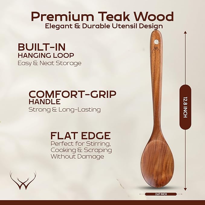 Teak Wooden Spoon for Cooking With Teak Spoon Rest - Made of Premium Natural Teak Wood - Image 2