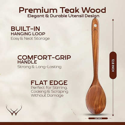 Teak Wooden Spoon for Cooking With Teak Spoon Rest - Made of Premium Natural Teak Wood - Image 2