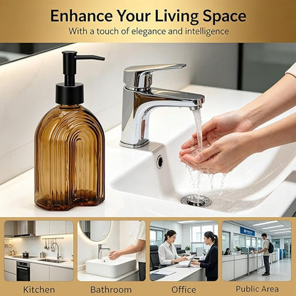 Black Pump Glass Soap Dispenser, 12oz Brown Stripe Countertop Refillable Liquid Bottle Hand Dish Lotion Dispenser with Plastic Pump, for Kitchen, Bathroom Countertop
