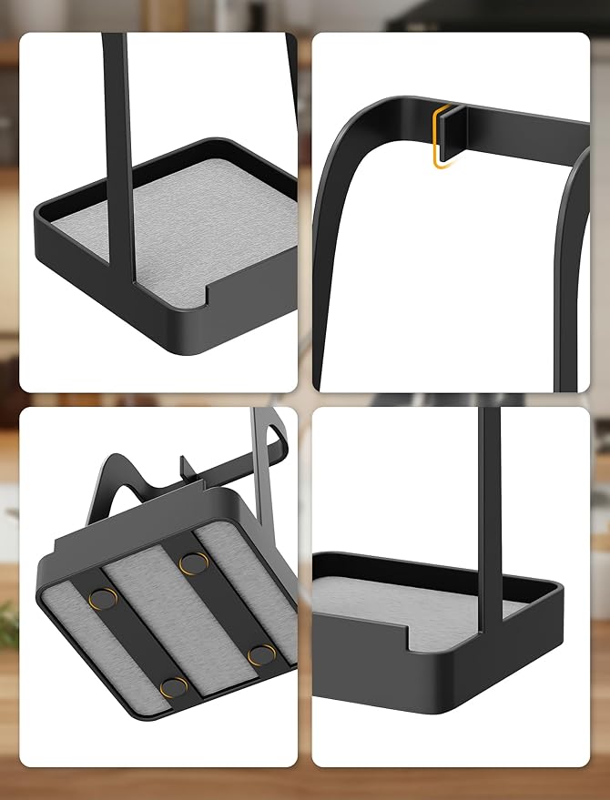NiHome Upgraded Pot Lid and Spoon Rest with Diatomite Absorbent Tray & Silicone Anti-Slip Pad – Sturdy Metal Frame, Multifunctional Ladle Holder for Kitchen Countertop, 3.9"x3.9"x6" (Black) - Image 6