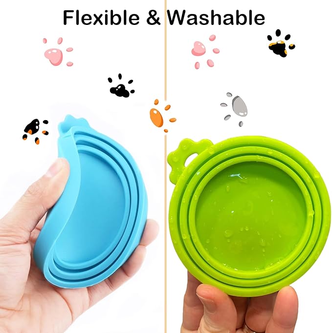 Universal Pet Food Can Lids - 3 Pcs, Squeezable Cat Treat Feeder & Spoon, Green/Blue/Orange Lids, Green Feeder - Image 5