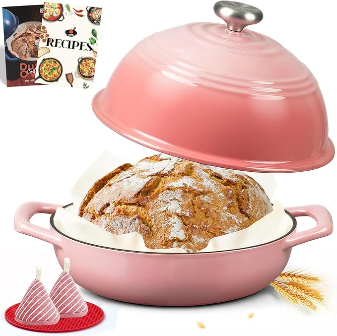 Overmont Enameled Cast Iron Bread Oven - 6QT Bread Dutch Oven for Sourdough Baking - Bread Pot with Dome Lid Cotton Potholders & Cookbook - Multi-Functional Bread Pan For Baking Frying Roasting by Overmont