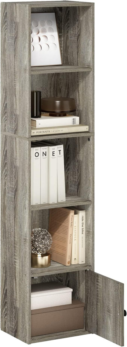 Furinno LUDER Book Shelf, 5-Tier Modern Bookshelf, Bookcase with 1 Door Storage Cabinet, 9.3 x 12 x 52, for Organization and Storage, for Living Room, Bedroom, Home Office, French Oak by Furinno-FitsYourSpaceFitsYourBudget