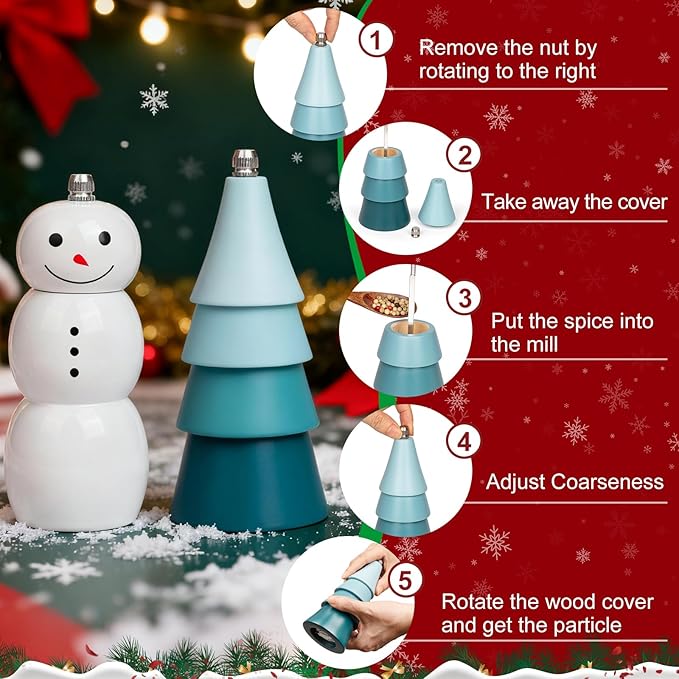 Christmas Salt and Pepper Grinder Set, Snowman & Tree Refillable Salt and Pepper Mills with Adjustable Ceramic Core, Wooden Manual Salt and Pepper Shakers for Kitchen,Gift, Christmas Decor - Image 4