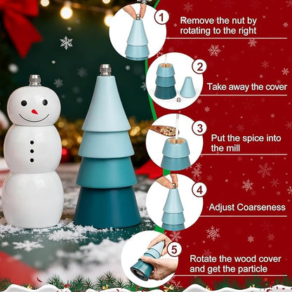 Christmas Salt and Pepper Grinder Set, Snowman & Tree Refillable Salt and Pepper Mills with Adjustable Ceramic Core, Wooden Manual Salt and Pepper Shakers for Kitchen,Gift, Christmas Decor - Image 4