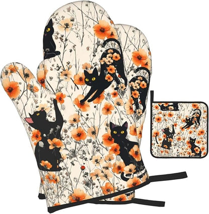 Orange Floral Pot Holders and Oven Mitts Set of 3,Cute Black Cat Kitchen Gloves Hot Pads for Baking Cooking Grilling BBQ Kitchen Decor,Black Cat Lover Gifts for Women