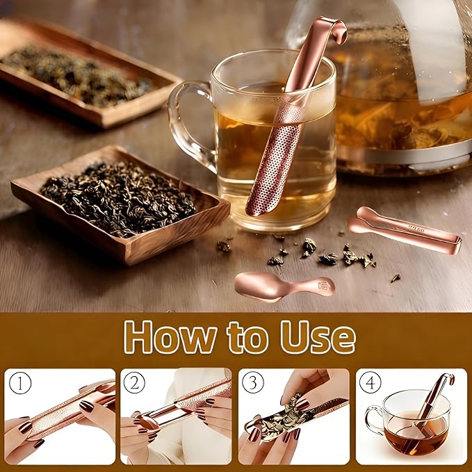 2 Pcs Tea Infuser with Hook Handle, Tea Diffusers for Loose Tea, Tea Steeper Stainless Steel Tea Strainers & Filters with Teaspoon Tea-tweezers Steel Wire Cloth(rose gold)