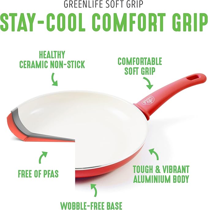 GreenLife 16 Piece Nonstick Cookware Set, Soft Grip Non-Toxic PFAS-Free Ceramic Pots & Pans, Dishwasher & Oven Safe, Frying, Sauce, Saute, Utensils, Glass Lids, Stay-Cool Handles, Wobble Free, Red - Image 4