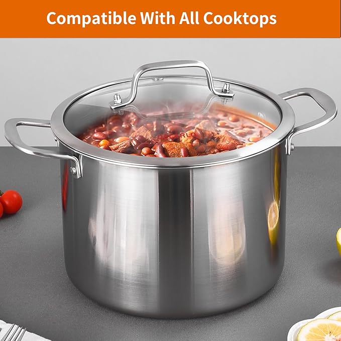 DELARLO Tri-Ply Stainless Steel 8 Quart Stock Pot, Heavy-Duty, All Stove Compatible, Up to 600℉ Soup Pot with Lid, 18/10 Induction Big Stockpot with Lids, Large Stainless Steel Induction for Cooking - Image 7