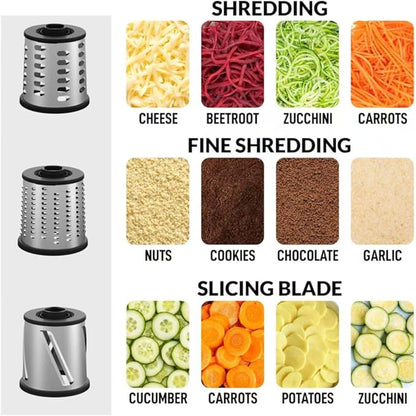 Rotary Cheese Grater 3-in-1 and Shredder with Hand Crank - for Cheese, Vegetables & Nuts, Non-Slip Suction Cup Base, Food Grade, Black
