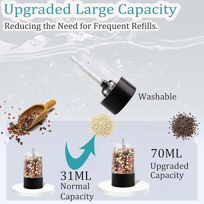 Electric Salt and Pepper Grinder, Automatic Battery Pepper Mill Shakers, Adjustable Coarseness, One-Button Control, Easy Filling Larger Capacity with Led Light for Home Kitchen Appliances, Black