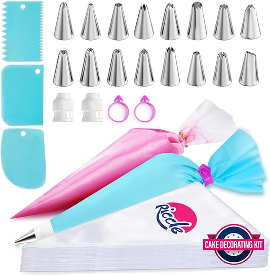 Riccle Piping Bags and Tips Set, 11.8 Inch 100 Anti Burst Piping Bags, 124 Pcs Cake Decorating Kit with 16 Piping Tips, 1 Reusable Pastry Bags, 3 Cake Scrapers, 2 Couplers, and 2 Icing Bags Ties by Riccle