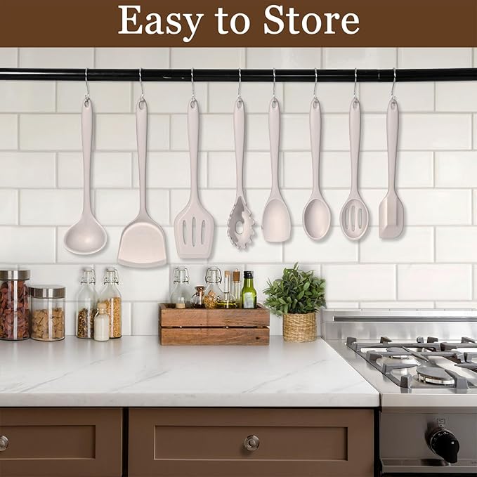 LIANYU 8Pcs Kitchen Cooking Utensils Set, Silicone Cooking Utensil Set, Heat Resistant Kitchen Tools for Nonstick Cookware, Includes Silicone Spatula, Spoon, Ladle, Turner, Dishwasher Safe, Khaki - Image 7