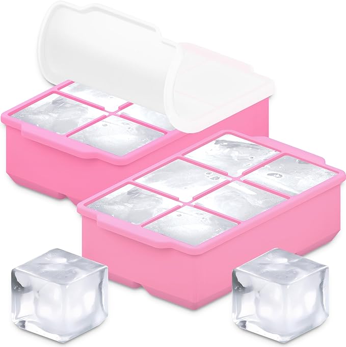 KitchFort Large Silicone Ice Cube Tray (2-Pack), Easy Release 2" Big Ice Cubes - Cocktail, Whiskey Ice Cubes Mold - Ice Trays for Freezer with Lid - Stackable Silicone Ice Tray - Pink by KitchFort