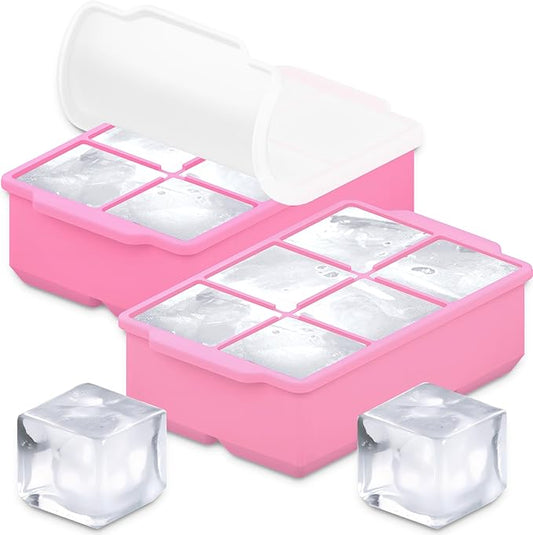 KitchFort Large Silicone Ice Cube Tray (2-Pack), Easy Release 2" Big Ice Cubes - Cocktail, Whiskey Ice Cubes Mold - Ice Trays for Freezer with Lid - Stackable Silicone Ice Tray - Pink by KitchFort