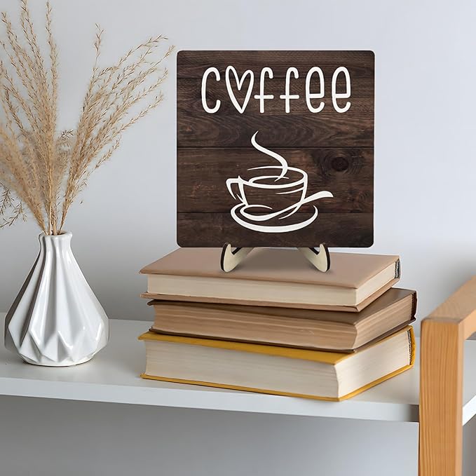Coffee Bar Sign Plaque Decor,Coffee Bar Accessories,Rustic Wooden Tabletop Plaque with Stand, Minimalist Farmhouse Kitchen Counter Sign,Cute Mini Café Bar Decor Gift (Brown2, 5.9x5.9inches) - Image 4
