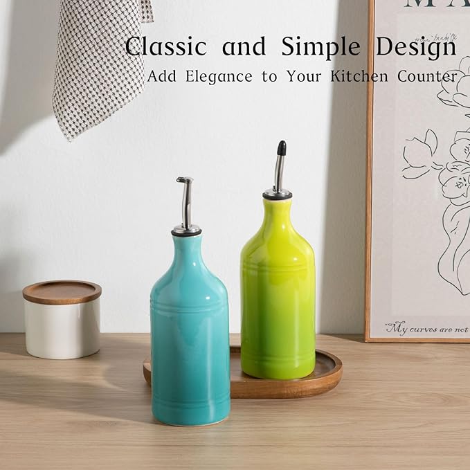 Sweejar Ceramic Olive Oil Dispenser Bottle Set, Opaque Oil Cruet Protects to Reduce Oxidation, Suitable For Storage Of Vinegar, Soy Sauce & Other Liquids,Pack of 2,15.5 Fl Oz（Gradient Blue & Green） - Image 2