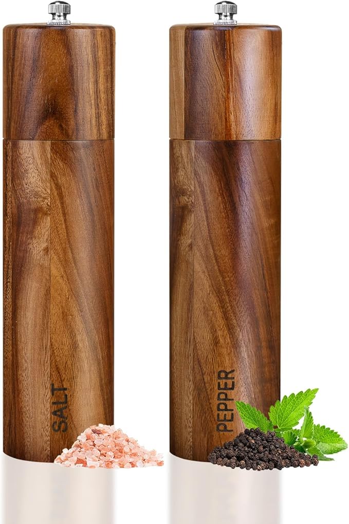 XWXO 2 Pack Acacia Wooden Salt and Pepper Grinder Set 8 Inches Refillable Salt and Pepper Mills Adjustable Coarseness, Acacia Wood with Ceramic Core Peppercorn Shaker Tableware Birthday Gifts by XWXO