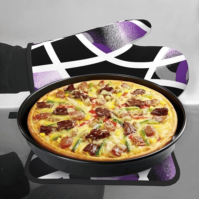 3-Piece Purple Black Abstract Geometric Oven Mitts and Pot Holders Set, Heat Resistant Modern Art Kitchen Gloves Hot Pads for Baking Cooking Grilling, Chef Gifts for Cooking Lovers, Home Decor, Purple - Image 4