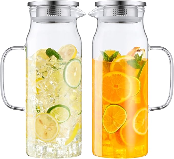 Bivvclaz 2 Pack 1.6 Liter 54 oz Glass Pitcher with Lid and Handle, Glass Carafe Water Pitcher for Hot/Cold Water, Iced Tea, Drinks, Coffee, Juice and Homemade Beverage by Bivvclaz