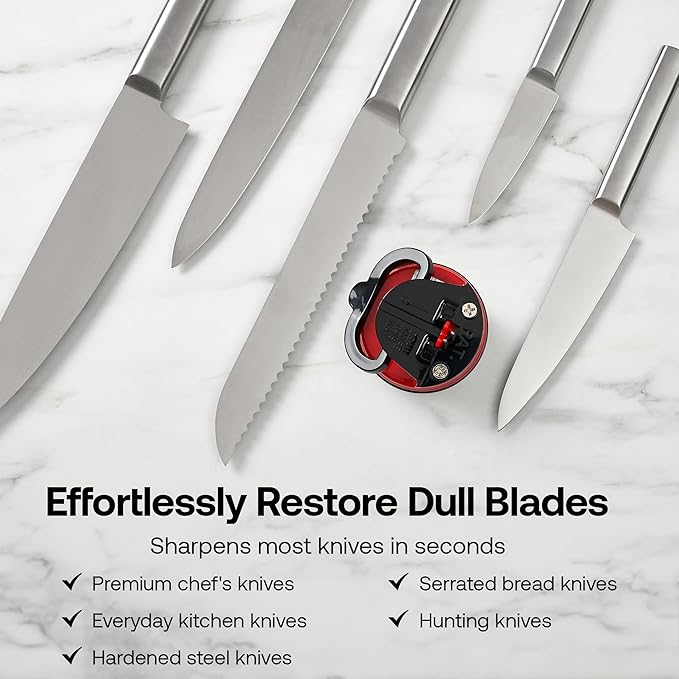 AnySharp – Global – Hands Free Knife Sharpener - Easy to Use Sharpening Tool with PowerGrip Suction Base and 20-Degree Pre-Set Angle - for All Knives: Chef's, Serrated, and Hardened Steel - Red - Image 5
