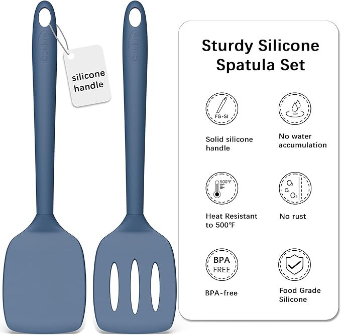 Coukre 2 Pack Silicone Spatula Set, High Heat Resistant, BPA Free Kitchen Spatula, Solid & Slotted Turner for Non-Stick Pans, Sautéing, and Flipping (2, PureDarkBlue) - Image 2