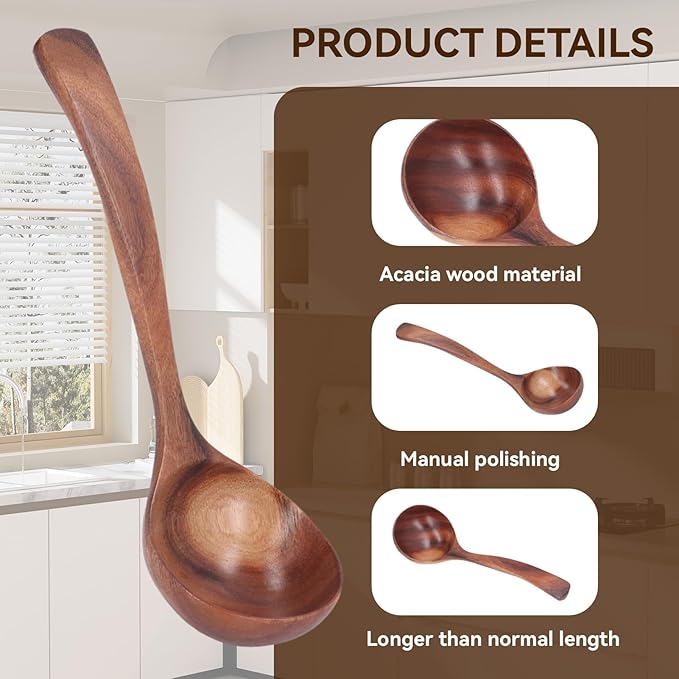 Wooden Ladle, 7.87inch Soup Ladle Wooden Serving Spoon Soup Spoon Ladle for Cooking, Serving and Stirring Kitchen Ladles for Stew Sauces (S) - Image 2