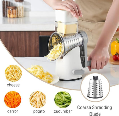 Weltonhm Rotary Cheese Grater with 4 Blades, Hand Crank Cheese Grater with Waffle Slicer, Black and White Cheese Slicer with Suction Base, Easier for Shredding& Grating (White and Grey, 4 Graters)