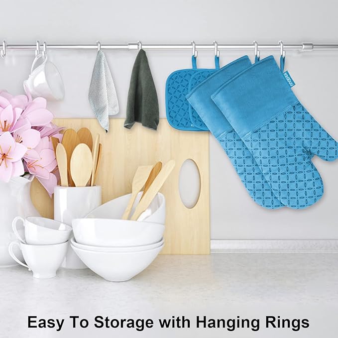 KEGOUU Oven Mitts and Pot Holders 6pcs Set, Kitchen Oven Glove High Heat Resistant 500 Degree Extra Long Oven Mitts and Potholder with Non-Slip Silicone Surface for Cooking (Sky Blue) - Image 4