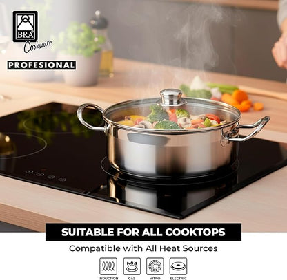 BRA COOKWARE Profesional 18/10 Stainless Steel Stock Pot w/Glass Lid | 9.5 Inch 4 Quart Professional Cooking Pot | 5.5mm Thick Base | PFOA Free Deep Pot | All Cooktops | All Cooktops & Oven Safe