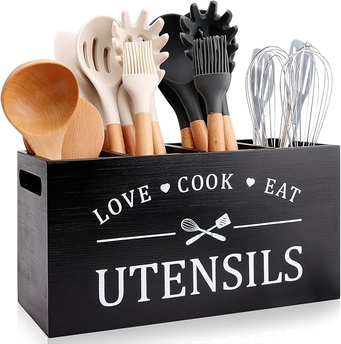 Black Farmhouse Utensil Holder for Kitchen Counter Extra Large Cooking Utensil Holder Caddy Utensils Storage Organizer for Countertop Rustic Wood Kitchen Tool Decor Utensil Crock Spatula Holder by Renawe